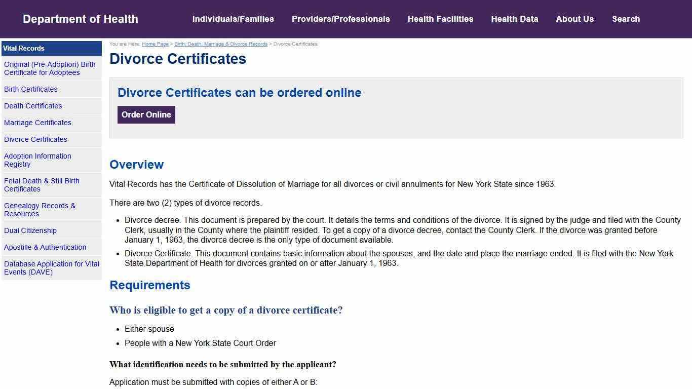 Divorce Certificates - New York State Department of Health